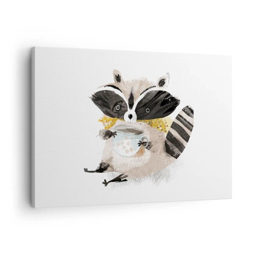 Canvastavla - Bild på duk - Bedårande tvättbjörn som håller en pastellfärgad mugg - 70x50cm - Min vän tvättbjörn - Modern väggdekoration för vardagsrum och sovrum ARTTOR