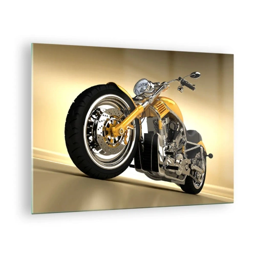 Glastavla - Bild på glas - En guldfärgad specialbyggd motorcykel mot en ljus bakgrund - 70x50cm - En dröm om styrka och skönhet - Modern väggdekoration för vardagsrum och sovrum ARTTOR