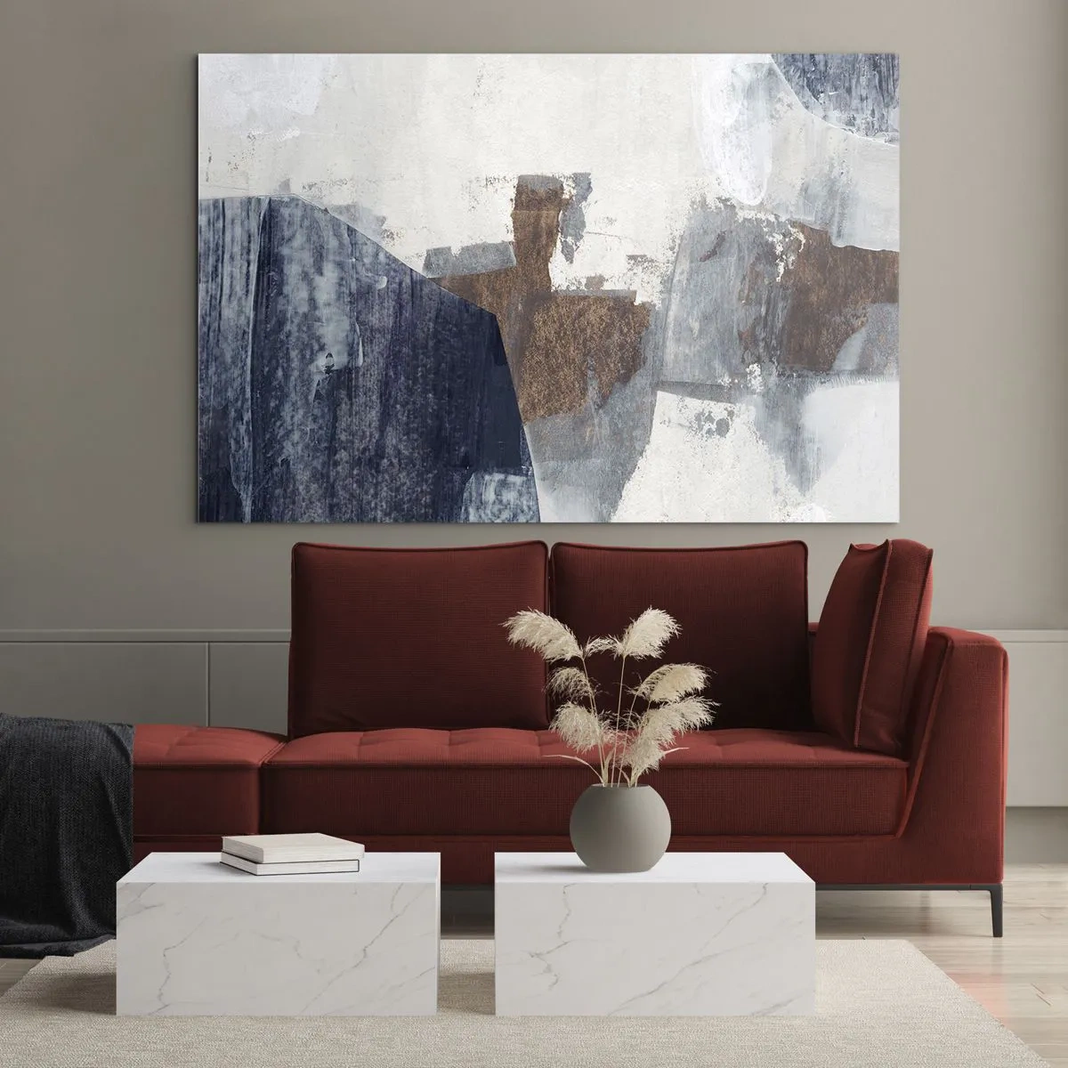 Glastavla - Bild på glas - Blåbruna former - 120x80 cm