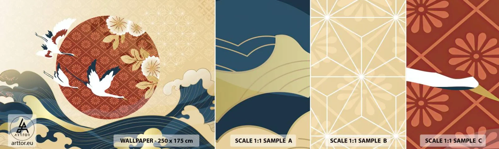 Provbit av självhäftande fototapet Deluxe Sticker - Japansk saga - Häger, Fågel, Abstraktion - 100x30 cm