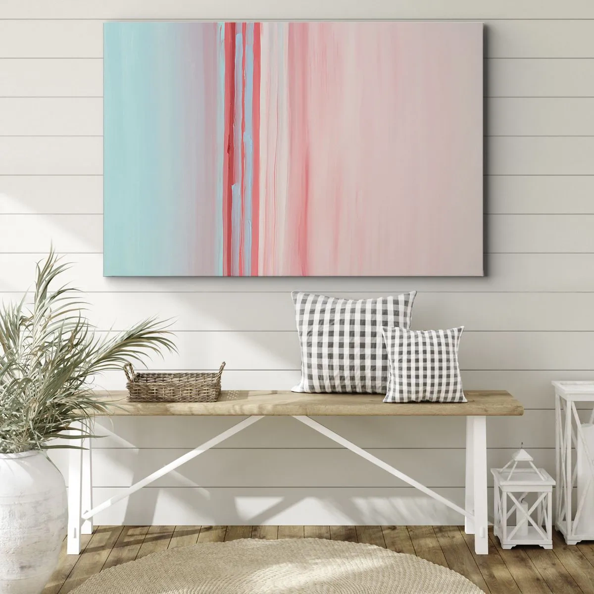 Canvastavla - Bild på duk - Pastelllinjer i nyanser av rosa och blått i en minimalistisk komposition - 70x50cm - Abstraktion i gryningen - Modern väggdekoration för vardagsrum och sovrum ARTTOR