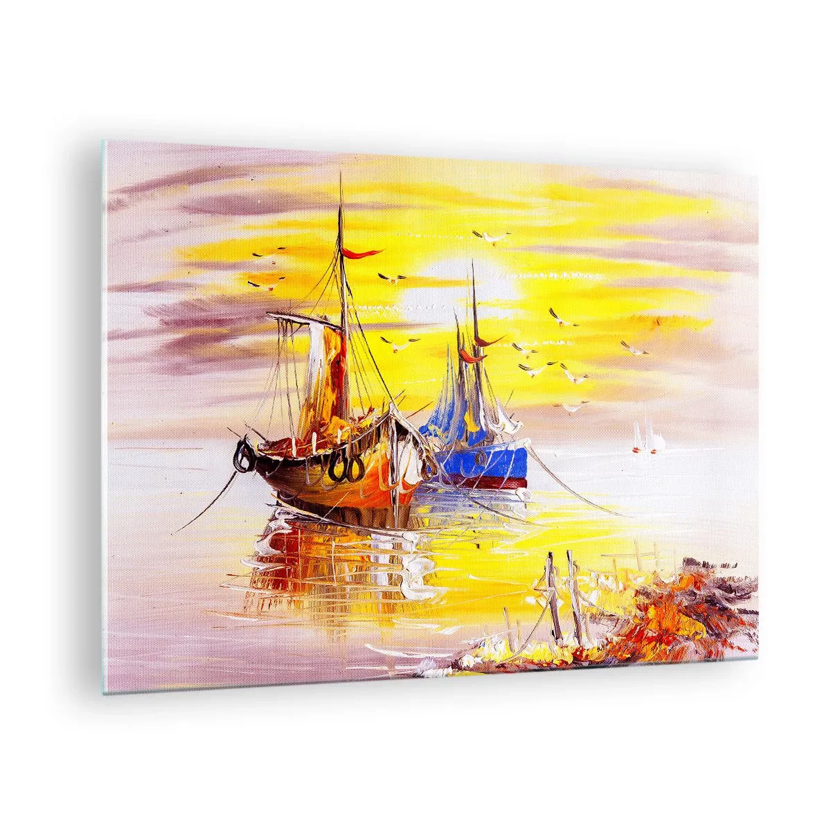 Glastavla - Bild på glas - Fiskebåtar vid solnedgången på lugnt vatten - 70x50cm - Välförtjänt vila i hamnen - Modern väggdekoration för vardagsrum och sovrum ARTTOR