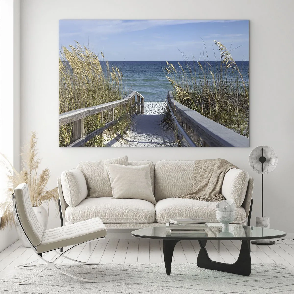 Glastavla - Bild på glas - Stigen till stranden med havsutsikt - 70x50cm - I solen, i vinden - Modern väggdekoration för vardagsrum och sovrum ARTTOR