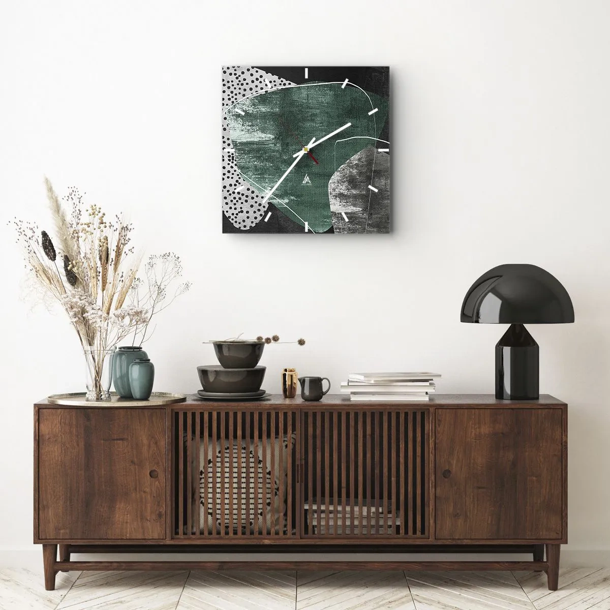 Väggklocka - Klocka på glas - Färgstark abstraktion med en guldflinga - 40x40 cm