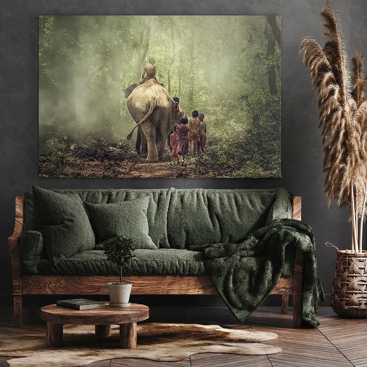 Canvastavla - Bild på duk - Barn med en elefant i en grön skog i morgonljuset - 70x50cm - Nya Djungelboken - Modern väggdekoration för vardagsrum och sovrum ARTTOR