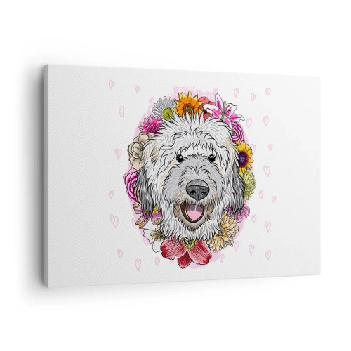 Canvastavla - Bild på duk - En hund omgiven av färgglada blommor - 70x50cm - Valpglädje - Modern väggdekoration för vardagsrum och sovrum ARTTOR