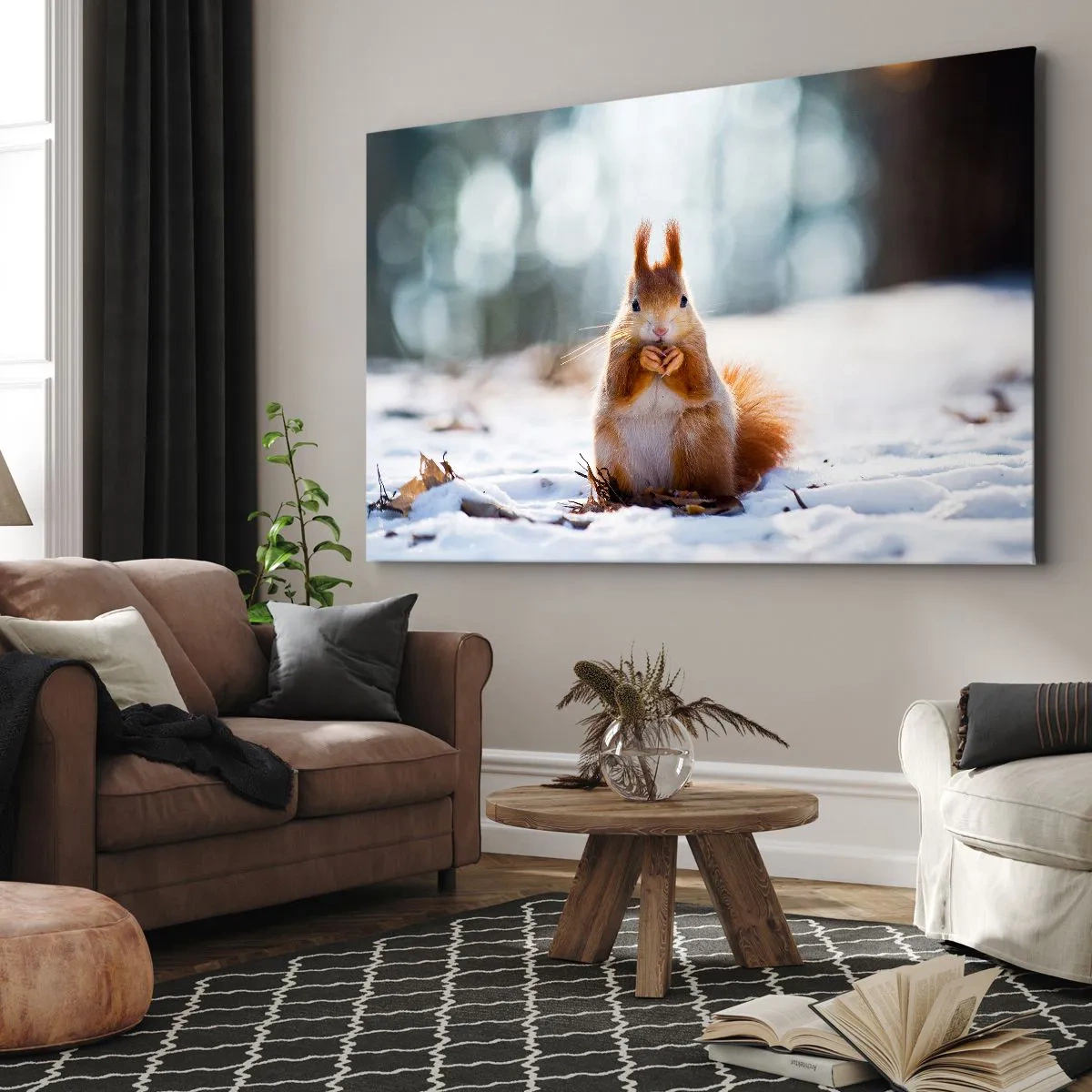 Canvastavla - Bild på duk - En ekorre i ett vinterlandskap - 70x50cm - Vad glor du på? - Modern väggdekoration för vardagsrum och sovrum ARTTOR