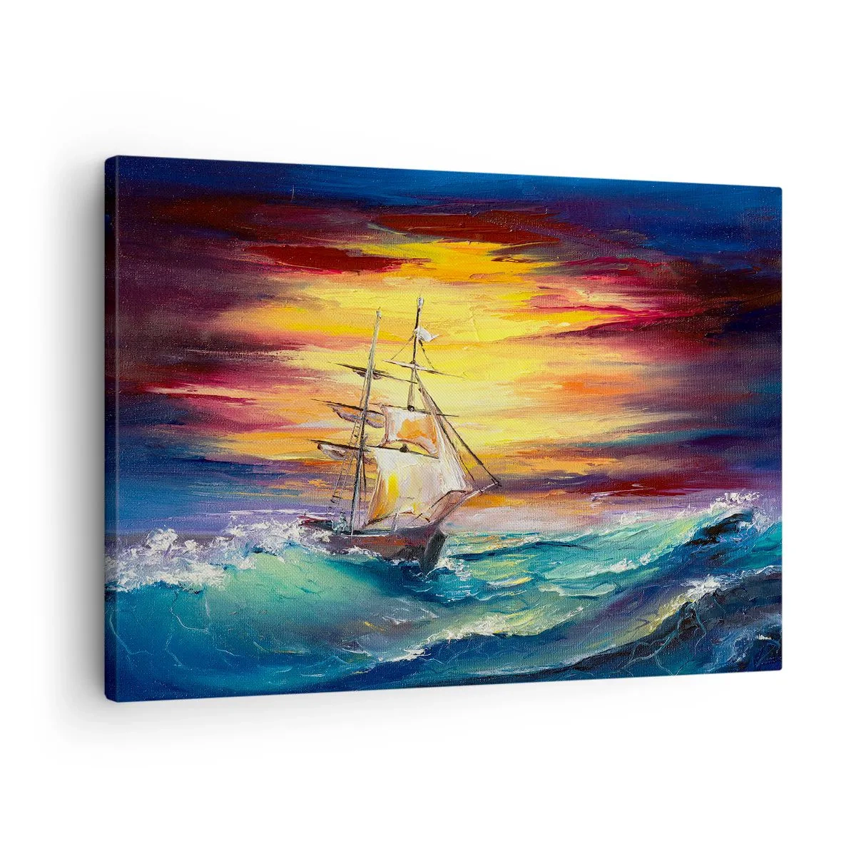 Canvastavla - Bild på duk - Ett segelfartyg mot bakgrund av en färgglad solnedgång - 70x50cm - Modigt mot vågorna - Modern väggdekoration för vardagsrum och sovrum ARTTOR
