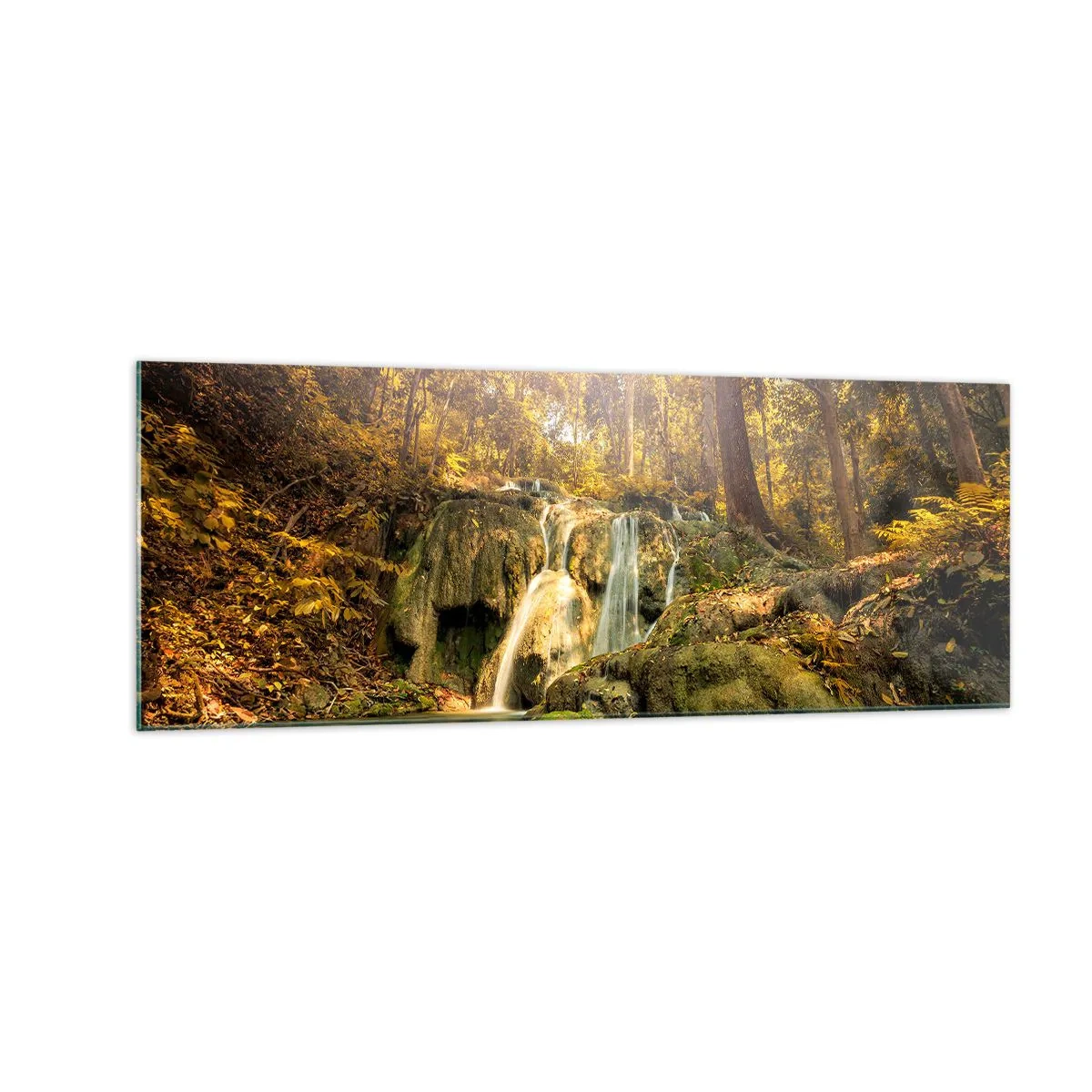 Glastavla - Bild på glas - Skogkaskad i grönt - 140x50 cm