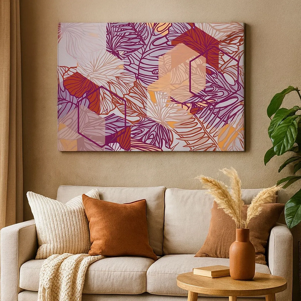 Canvastavla - Bild på duk - Ett dekorativt tropiskt lövmönster i nyanser av lila, orange och beige. - 70x50cm - Ett möjligt förhållande mellan geometrin och naturen - Modern väggdekoration för vardagsrum och sovrum ARTTOR
