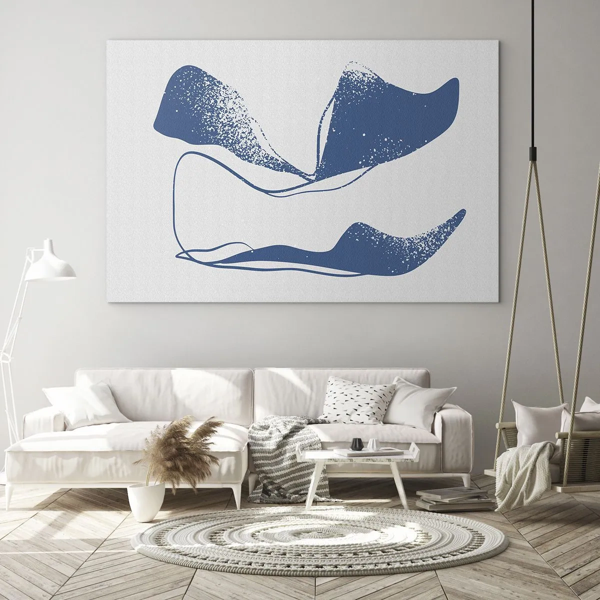 Glastavla - Bild på glas - Marinblå abstrakta former som liknar vingar - 70x50cm - Bevingad abstraktion - Modern väggdekoration för vardagsrum och sovrum ARTTOR