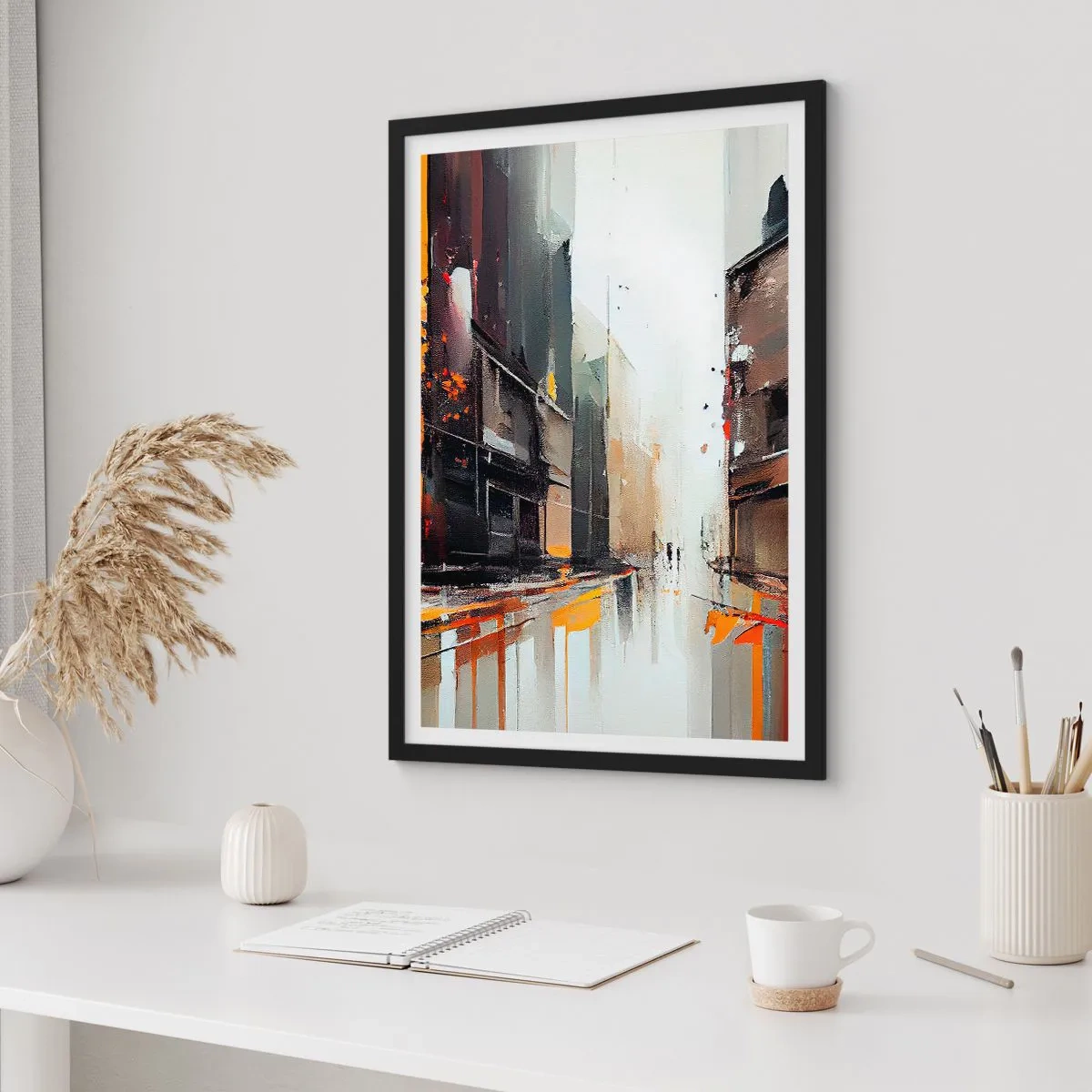 Affisch i svart ram - Abstrakt stadspanorama i nyanser av grått och orange - 50x70cm - Regnig dag - Modern väggdekoration för vardagsrum och sovrum ARTTOR