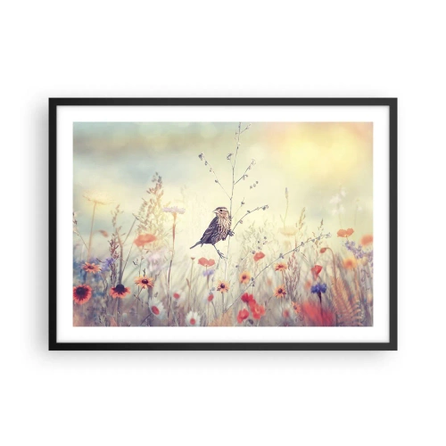 Affisch i svart ram - Fågelporträtt med en äng i bakgrunden - 70x50 cm