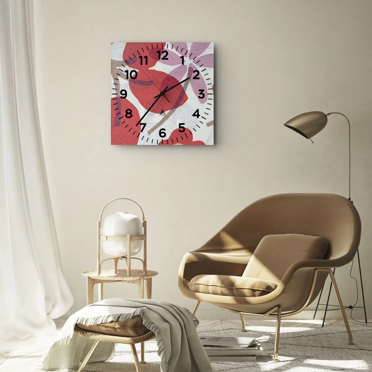 Väggklocka - Klocka på glas - Blomsterkomposition i rosa - 30x30 cm