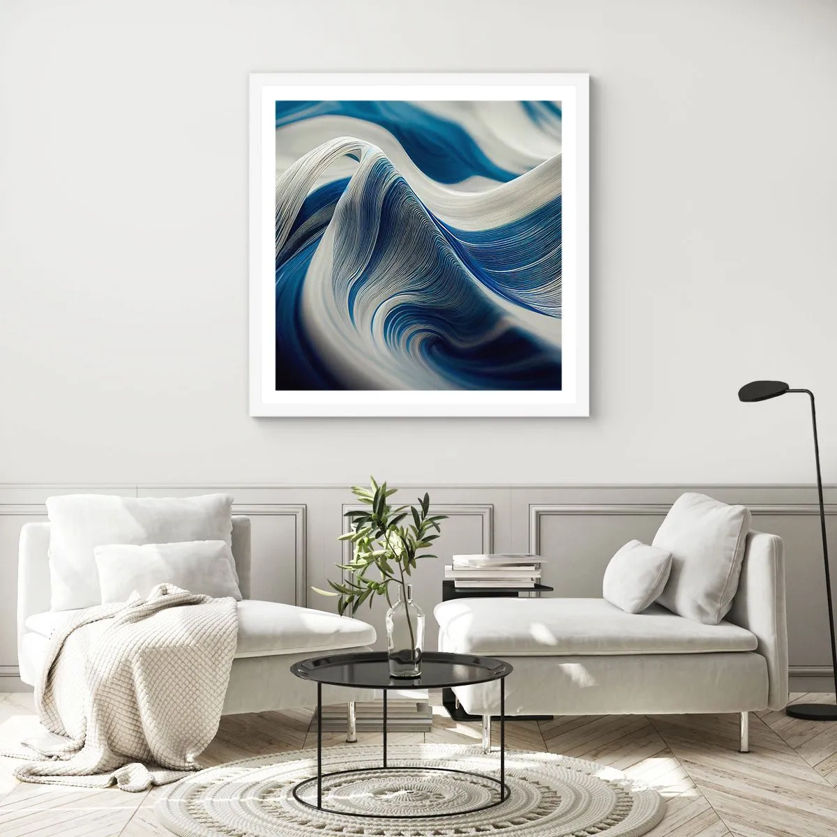 Affisch i vit ram - Flöde av blått och vitt - 60x60 cm