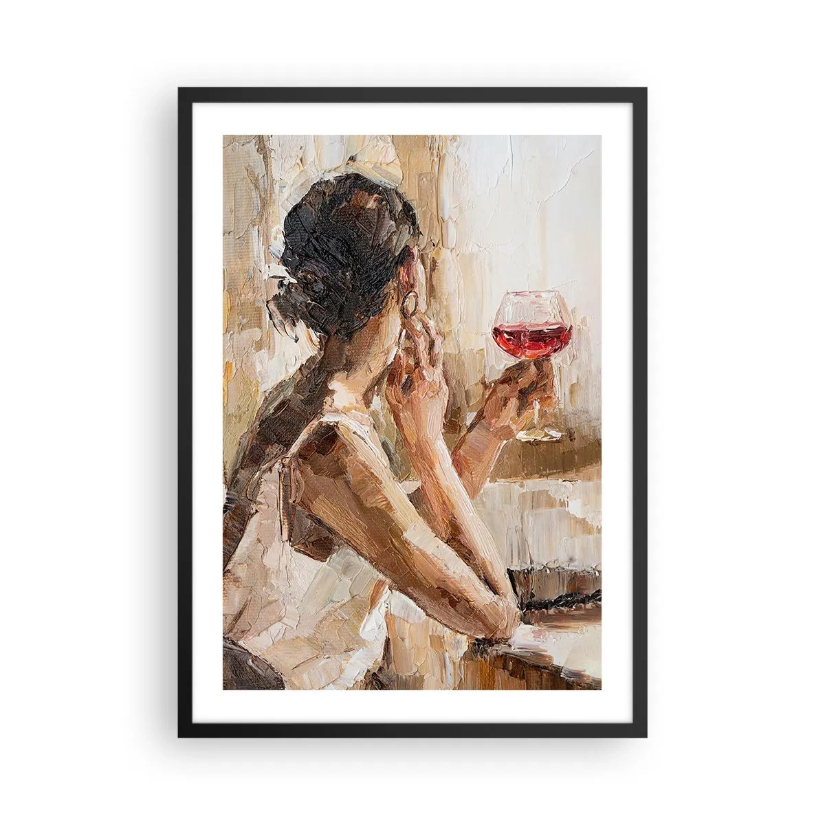 Affisch i svart ram - En kvinna som håller ett glas vin och ser fundersam ut - 50x70cm - Smaken av ett gott ögonblick - Modern väggdekoration för vardagsrum och sovrum ARTTOR
