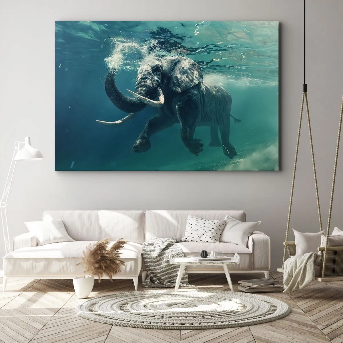 Canvastavla - Bild på duk - En elefant som simmar under vattnet i det turkosa djupet - 70x50cm - Alla tycker om att simma - Modern väggdekoration för vardagsrum och sovrum ARTTOR