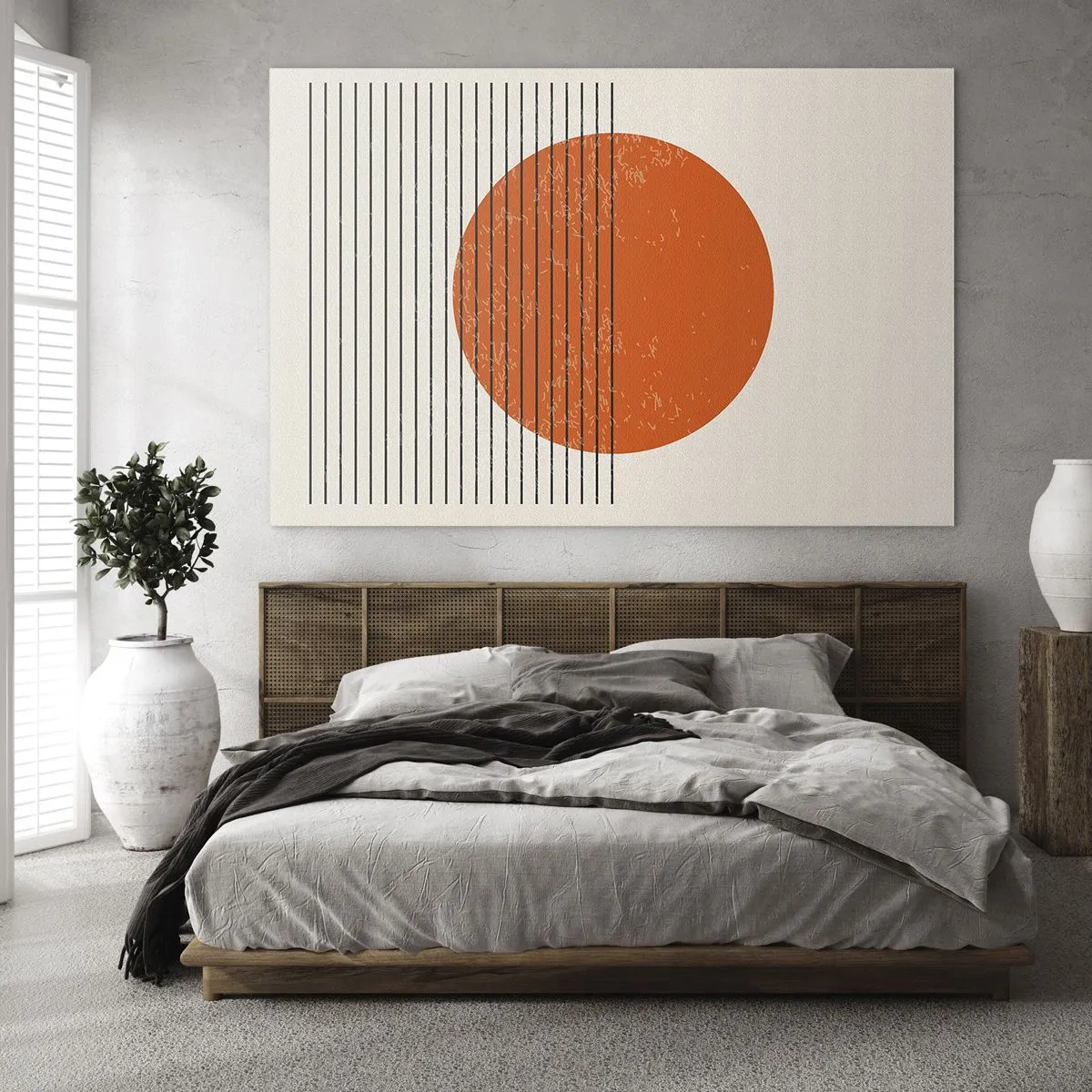 Glastavla - Bild på glas - Geometrisk komposition med orange cirkel och linjer - 70x50cm - Alltid solen - Modern väggdekoration för vardagsrum och sovrum ARTTOR