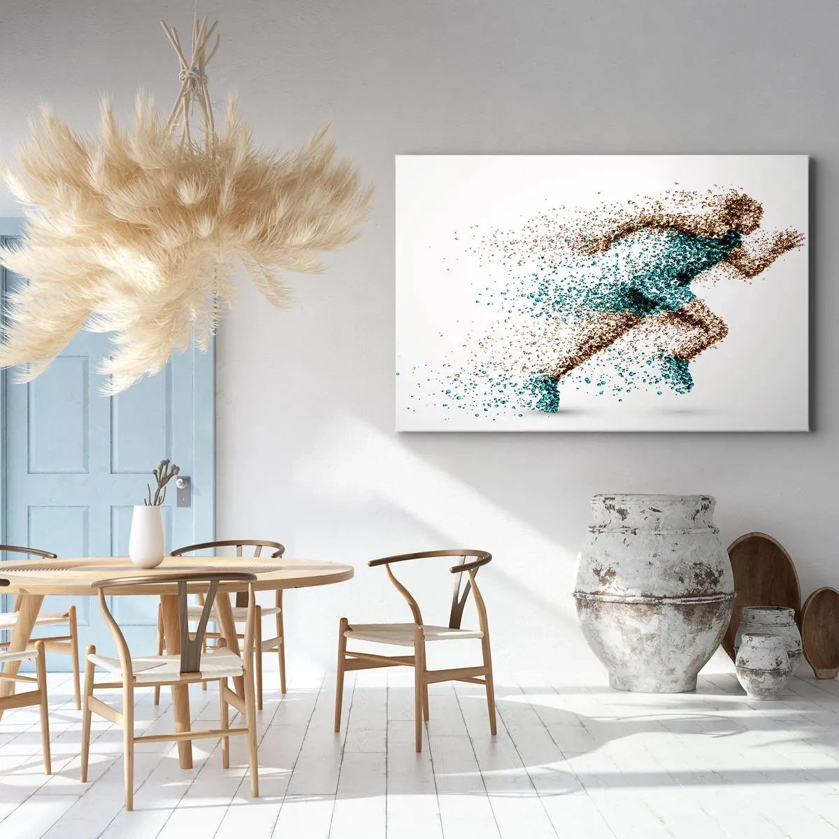 Canvastavla - Bild på duk - En dynamisk löparfigur bestående av små partiklar - 70x50cm - Livet är ett lopp - Modern väggdekoration för vardagsrum och sovrum ARTTOR