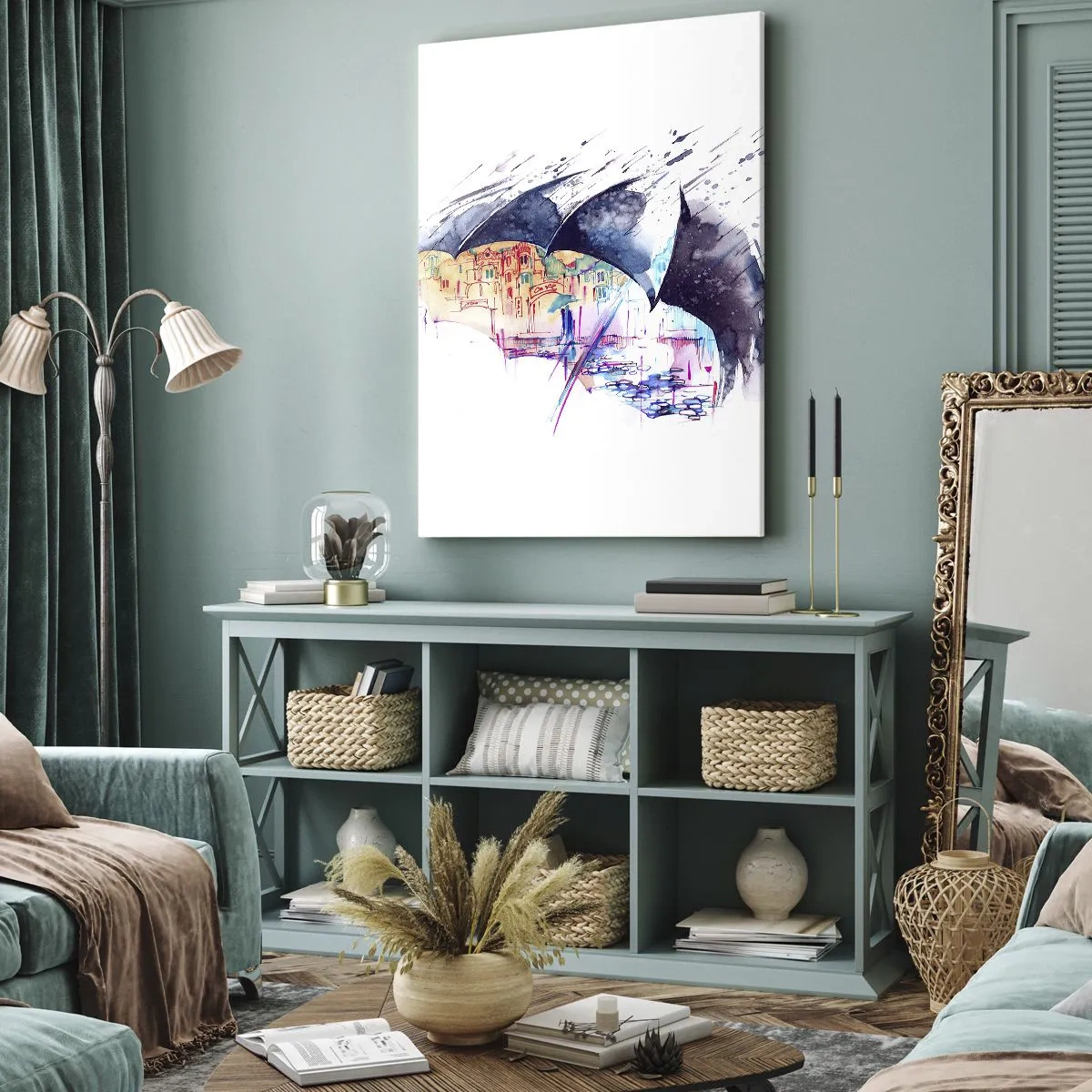 Canvastavla - Bild på duk - Promenad i regnet - 70x100 cm