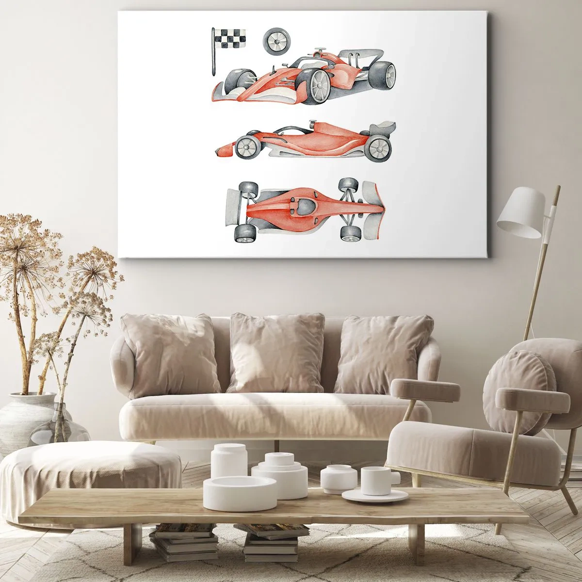 Canvastavla - Bild på duk - En röd racerbil med en rutig flagga - 70x50cm - Att komma ikapp en dröm - Modern väggdekoration för vardagsrum och sovrum ARTTOR