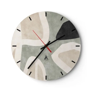 Väggklocka - Klocka på glas - Organiska former i beige, svart och grönt mot en ljus bakgrund - 30x30cm - Komposition med svart motiv - Modern väggdekoration för vardagsrum, kök och sovrum ARTTOR