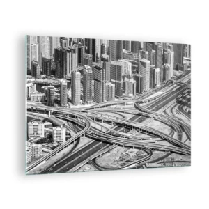 Glastavla - Bild på glas - Svartvitt panorama över staden med en motorvägskorsning - 70x50cm - Dubai - en omöjlig stad - Modern väggdekoration för vardagsrum och sovrum ARTTOR