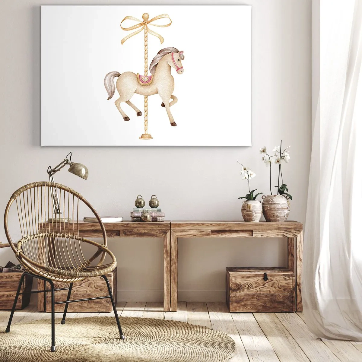Canvastavla - Bild på duk - En karusellhäst med rosett i fina pasteller - 70x50cm - Med en graciös trav - Modern väggdekoration för vardagsrum och sovrum ARTTOR