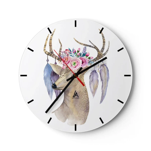 Väggklocka - Klocka på glas - Konstnärlig teckning av en hjort med blommor på hornen och fjädrarna - 30x30cm - Själguide - delikat, oskyldig - Modern väggdekoration för vardagsrum, kök och sovrum ARTTOR