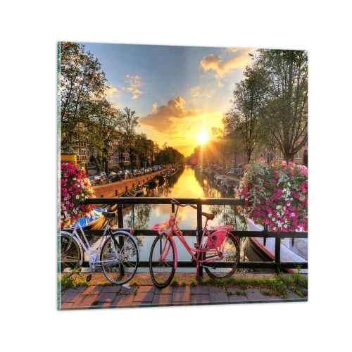 Glastavla - Bild på glas - Vårmorgon i Amsterdam - 50x50 cm