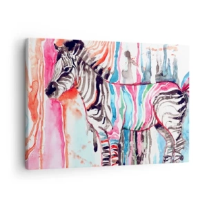 Canvastavla - Bild på duk - En färgglad zebra mot en bakgrund av abstrakta akvarellmönster - 70x50cm - Naturens bekymmerslösa skämt - Modern väggdekoration för vardagsrum och sovrum ARTTOR