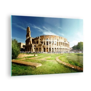 Glastavla - Bild på glas - Colosseum i Rom upplyst av solen - 70x50cm - Vapnets klang hörs fortfarande - Modern väggdekoration för vardagsrum och sovrum ARTTOR