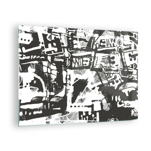 Glastavla - Bild på glas - Svartvit abstraktion med geometriska och tekniska motiv - 70x50cm - Ordning eller kaos? - Modern väggdekoration för vardagsrum och sovrum ARTTOR