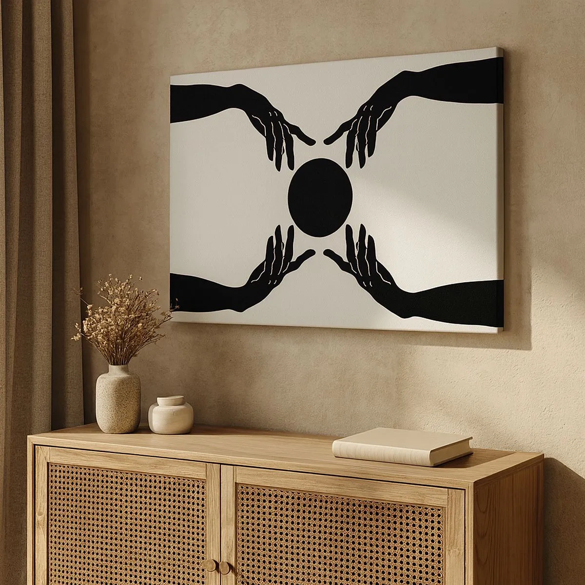 Canvastavla - Bild på duk - Svarta händer i en symmetrisk komposition med en boll - 70x50cm - Ett hemligt tecken - Modern väggdekoration för vardagsrum och sovrum ARTTOR