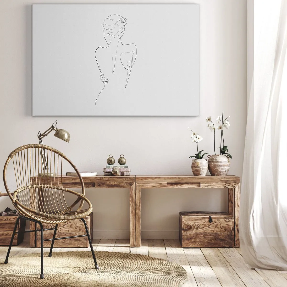 Canvastavla - Bild på duk - En konturlinje som visar en kvinnlig silhuett mot en ljus bakgrund - 70x50cm - Kroppens musik - Modern väggdekoration för vardagsrum och sovrum ARTTOR