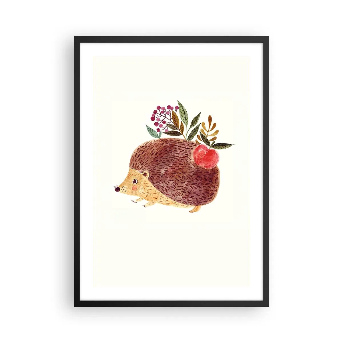 Affisch i svart ram - En söt igelkott med ett äpple och kvistar på en ljus bakgrund - 50x70cm - Och du gillar mig redan - Modern väggdekoration för vardagsrum och sovrum ARTTOR