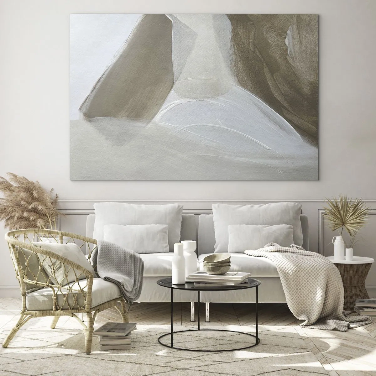 Glastavla - Bild på glas - En delikat abstraktion i vitt och beige med mjuka penseldrag. - 70x50cm - Våg av vitt - Modern väggdekoration för vardagsrum och sovrum ARTTOR