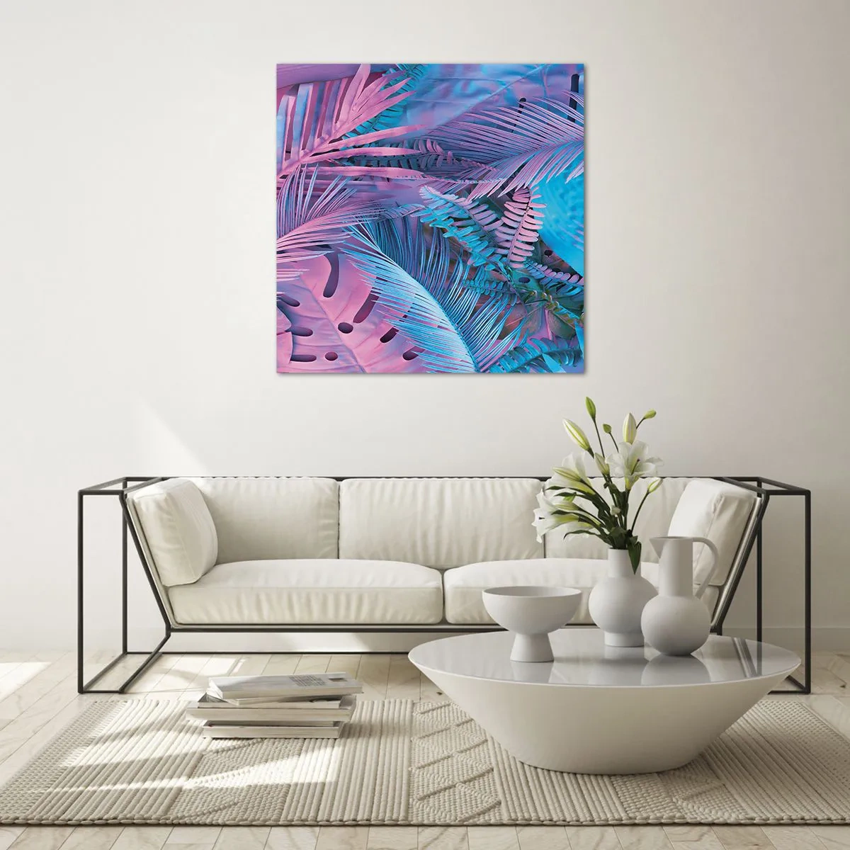 Glastavla - Bild på glas - Tropiken i rosa och blått - 30x30 cm
