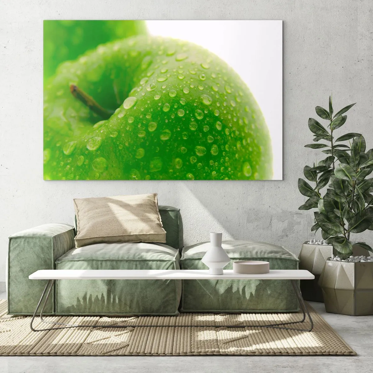 Glastavla - Bild på glas - Ett grönt äpple täckt med vattendroppar - 70x50cm - Kylig grön fräschhet - Modern väggdekoration för vardagsrum och sovrum ARTTOR