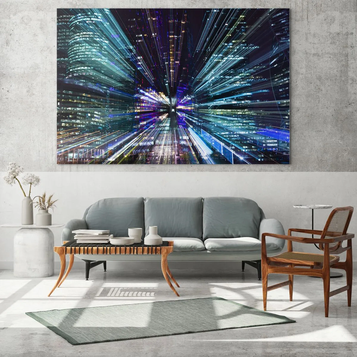 Glastavla - Bild på glas - Dynamiska ljuslinjer mot bakgrund av en nattstad - 70x50cm - Övergång till hyperrymden - Modern väggdekoration för vardagsrum och sovrum ARTTOR