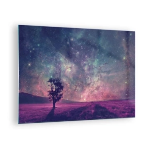 Glastavla - Bild på glas - Ett träd mot bakgrund av en stjärnklar himmel och galax - 70x50cm - Under magisk himmel - Modern väggdekoration för vardagsrum och sovrum ARTTOR