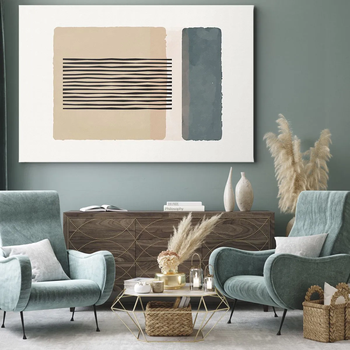 Canvastavla - Bild på duk - Minimalistiska geometriska former i beige och gröna nyanser - 70x50cm - Allt väl - Modern väggdekoration för vardagsrum och sovrum ARTTOR