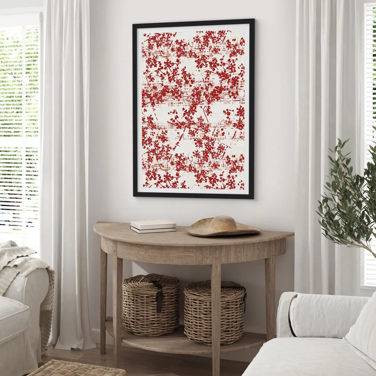 Affisch i svart ram - Röda blommiga accenter på en ljus bakgrund - 50x70cm - Som en gammal percale - Modern väggdekoration för vardagsrum och sovrum ARTTOR