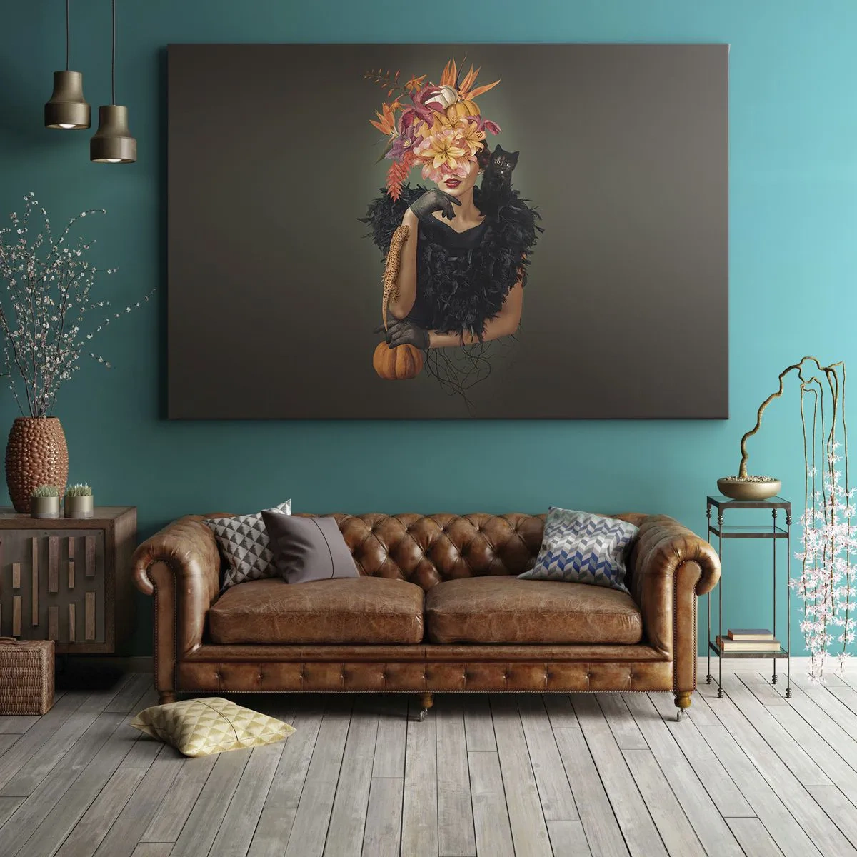Canvastavla - Bild på duk - Porträtt av en kvinna med höstmotiv och en katt - 70x50cm - Häxans troll - Modern väggdekoration för vardagsrum och sovrum ARTTOR