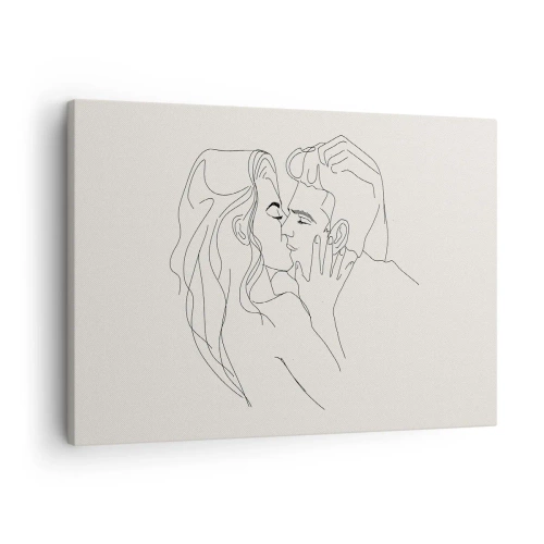 Canvastavla - Bild på duk - En minimalistisk illustration av ett par i en kärleksfull omfamning - 70x50cm - I kärlekens famn - Modern väggdekoration för vardagsrum och sovrum ARTTOR