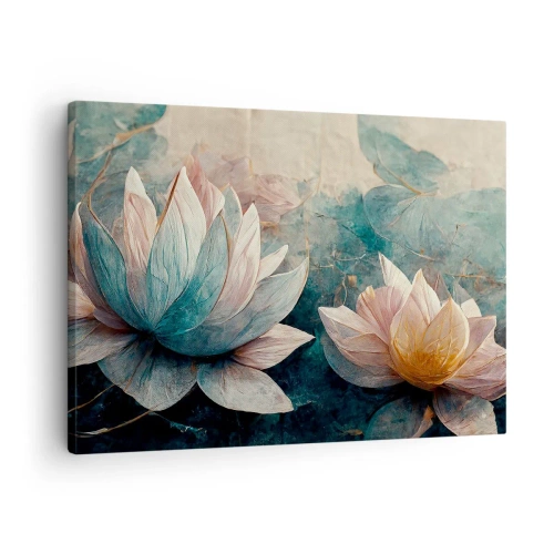 Canvastavla - Bild på duk - Subtila näckrosor i pastellfärger av blått och guld - 70x50cm - Stjärnor i en sjö - Modern väggdekoration för vardagsrum och sovrum ARTTOR