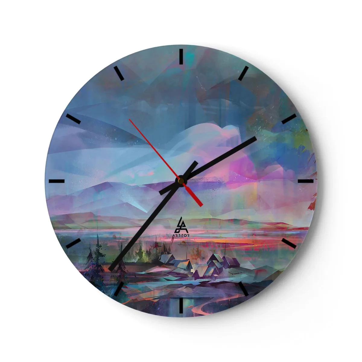 Väggklocka - Klocka på glas - Ett färgglatt panorama av berg och en by i abstrakt stil - 30x30cm - Under en vänlig himmel - Modern väggdekoration för vardagsrum, kök och sovrum ARTTOR