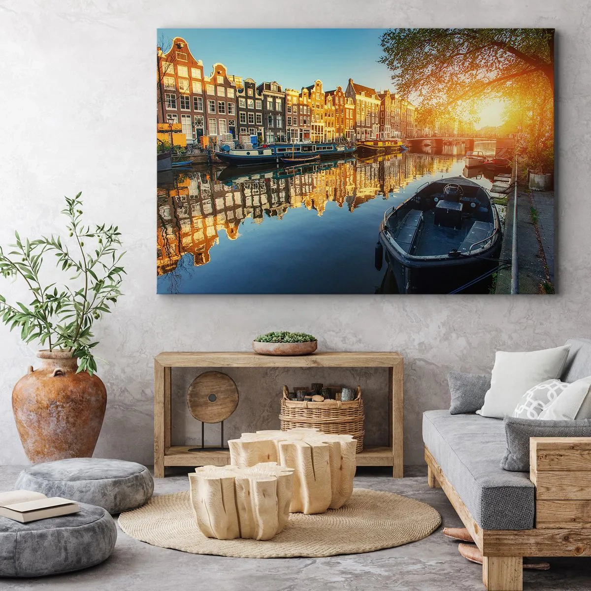 Canvastavla - Bild på duk - Amsterdamkanalen vid solnedgången - 70x50cm - En morgon i Amsterdam - Modern väggdekoration för vardagsrum och sovrum ARTTOR
