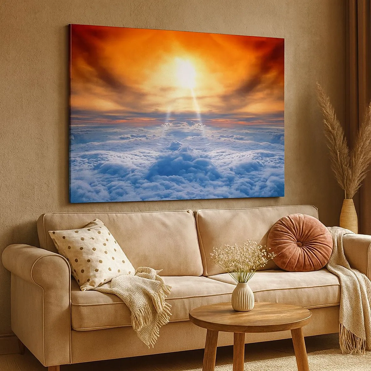 Canvastavla - Bild på duk - Solnedgång över molnen, himlen full av gyllene färger och ljus. - 70x50cm - Mystiskt landskap - Modern väggdekoration för vardagsrum och sovrum ARTTOR