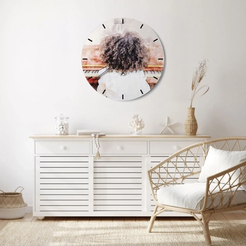 Väggklocka - Klocka på glas - Ett barn som spelar piano, sett bakifrån i en konstnärlig stil. - 30x30cm - I en ny värld - Modern väggdekoration för vardagsrum, kök och sovrum ARTTOR
